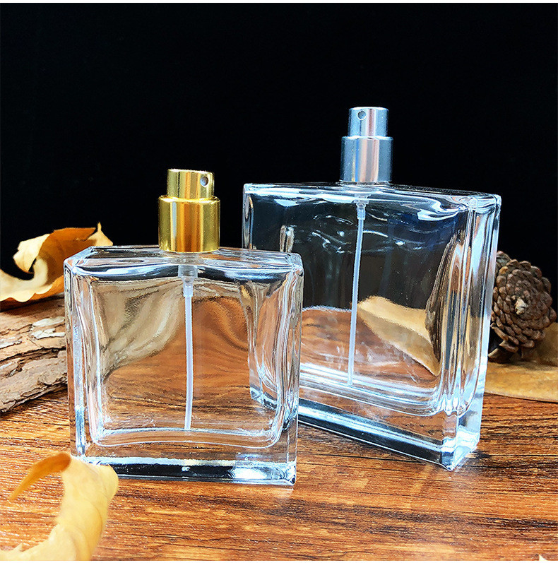 Wholesale Clrear 50ml 100ml Square Screw Cap Glass Perfume Spray Bottle With Packing